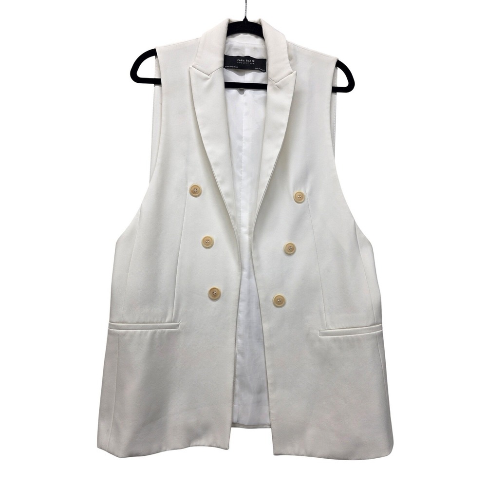 Zara Basic Women Off White Double Breasted Sleeveless Blazer Vest Small Longline